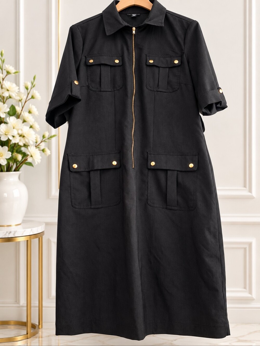 Black Midi Utility Dress with Gold Hardware